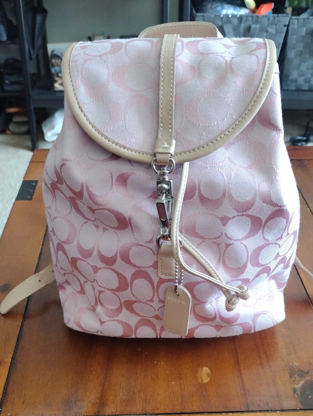Coach Pink Signature Jacquard Drawstring Backpack with Cream Trim